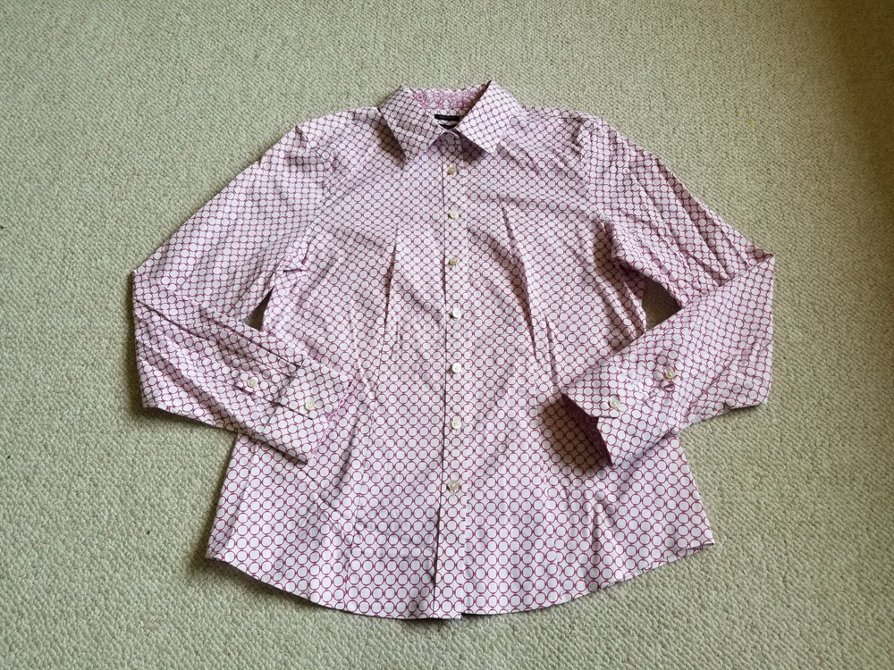 Womens Top-TALBOTS-white/purple circle "Wrinkle Resistant" button-up Classic-16W